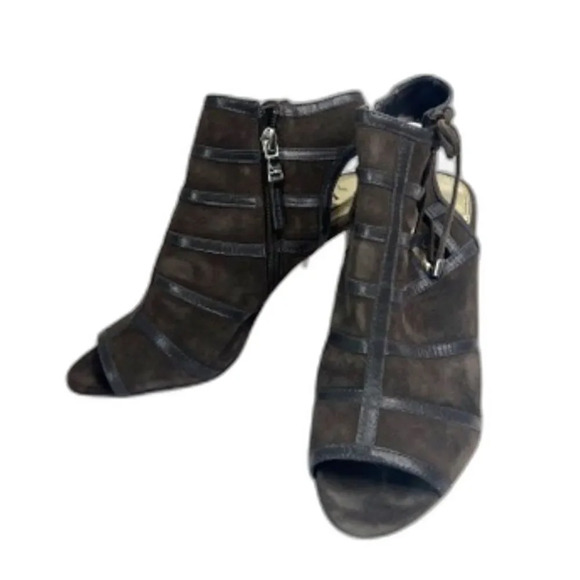 Lauren Ralph Lauren Brown Faux Suede Open Toe Side Zip Side Tie High Heel Sz 7B - Picture 2 of 8